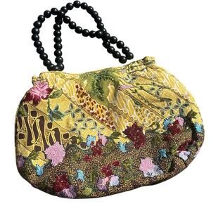 Nine West Y2K Boho Beaded Bag Floral Wooden Bead Handle Pink Satin Lining